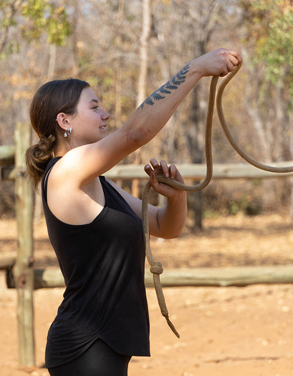 A young woman mastering natural horsemanship techniques amidst the African landscape. A young woman mastering natural horsemanship techniques amidst the African landscape.